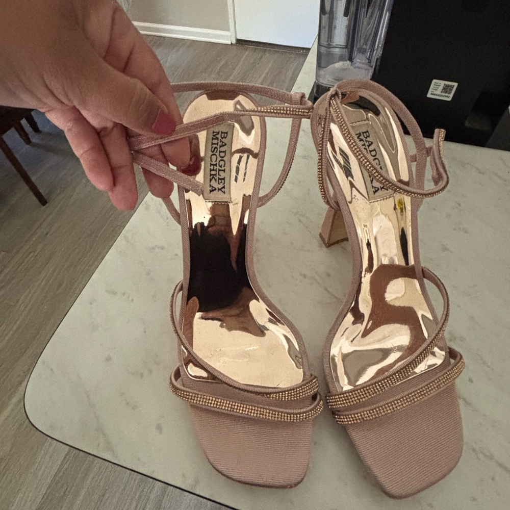 Badgley Mischka Rose Gold and Blush Pink Strappy Block Heel Sandals